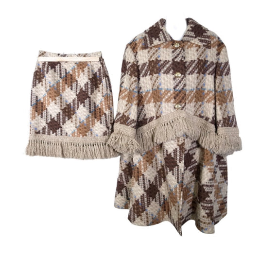 Valentino Boutique Tassel Trim Pixelated Checkered Wool Tweed Coat Skirt Set