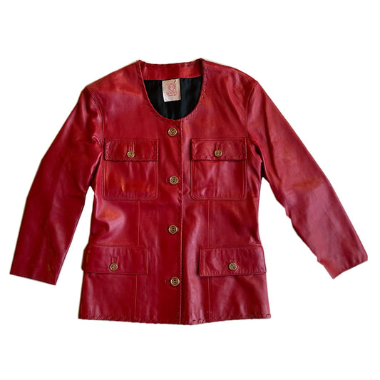 Loewe Red Leather Gold Button Logo Jacket