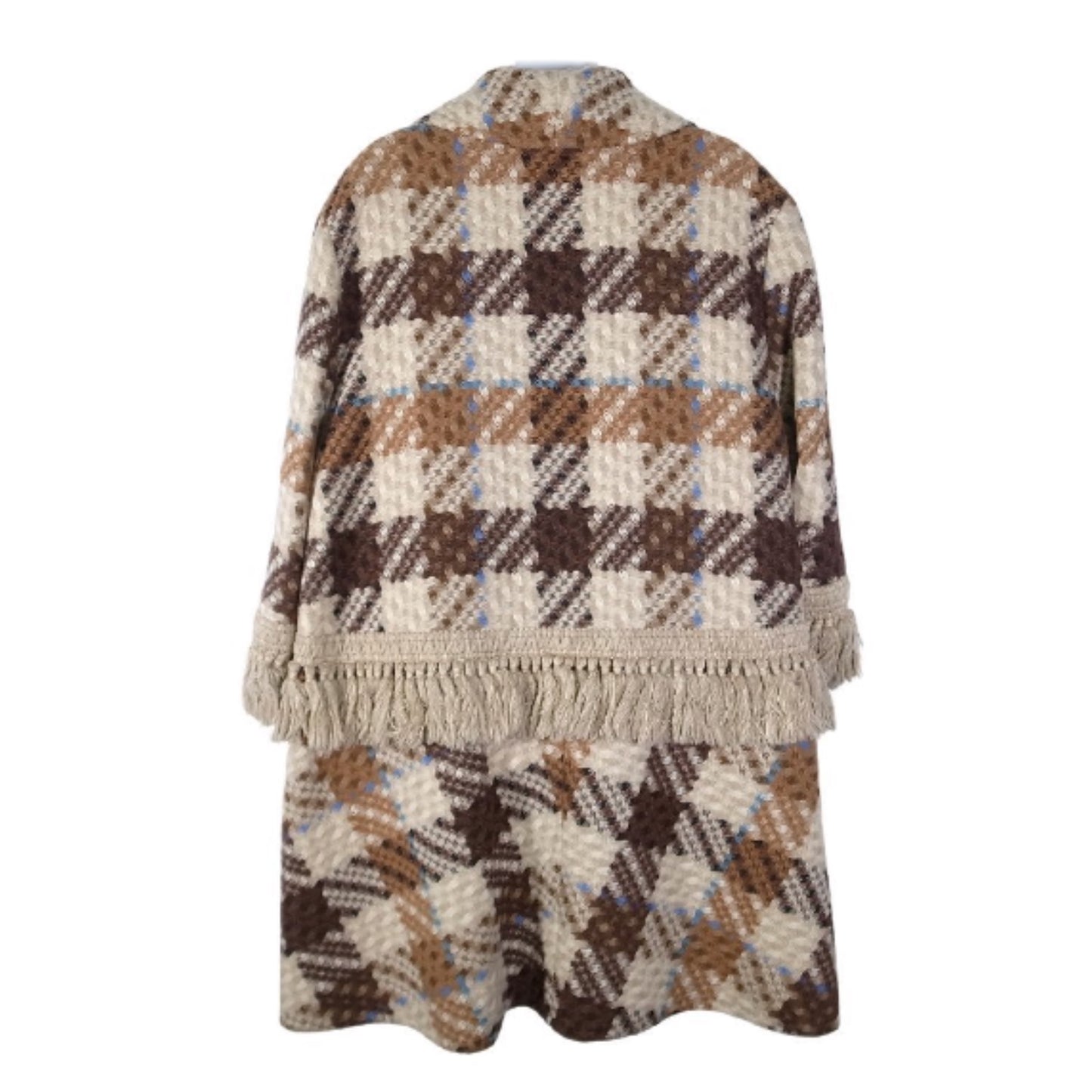 Valentino Boutique Tassel Trim Pixelated Checkered Wool Tweed Coat Skirt Set