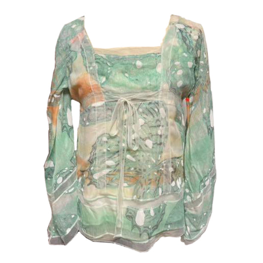 Diane Von Furstenburg ButterflyGlitter Mesh Insert Square Neck Bell Sleeve Blous