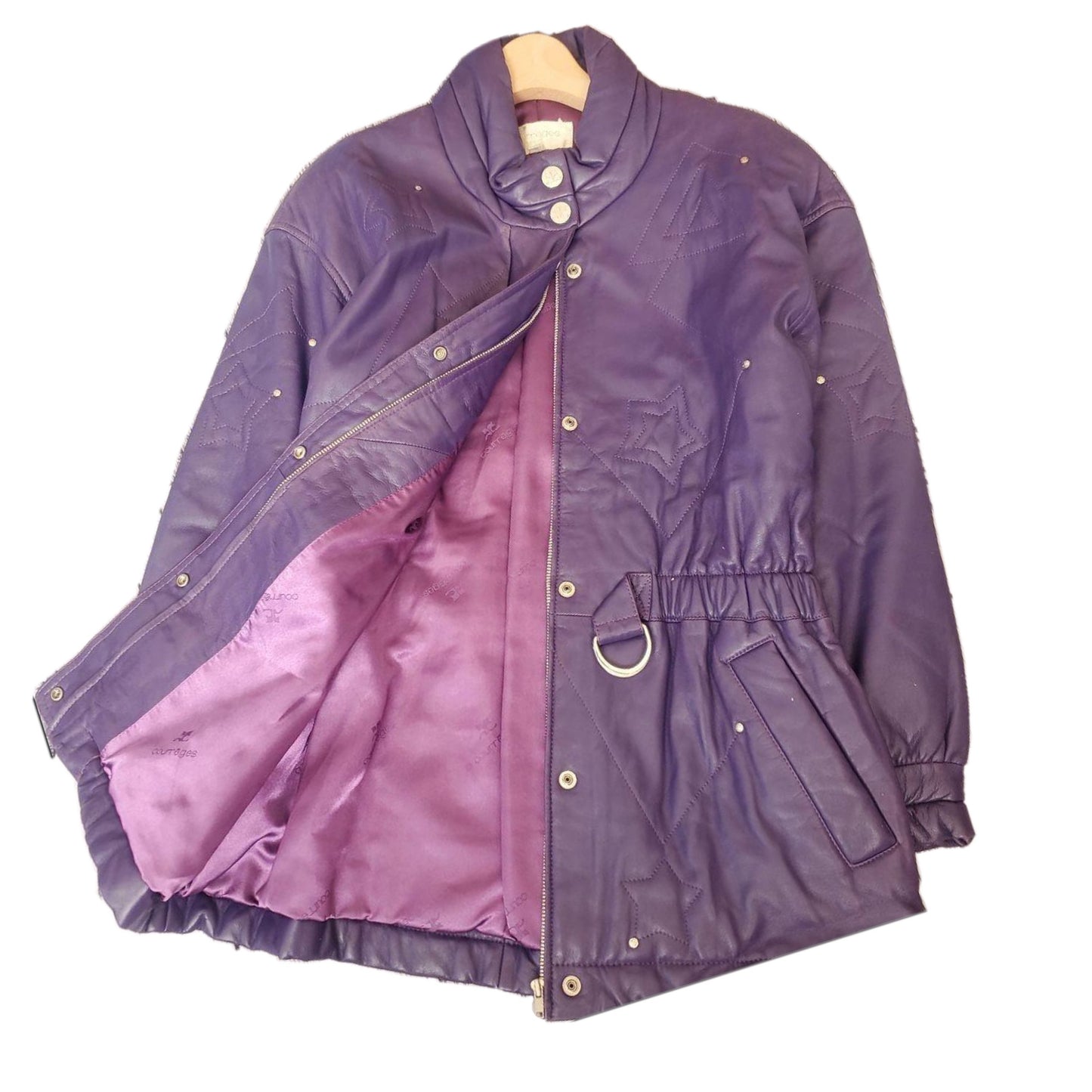 Courreges Leather Purple Star Embroidery Elastic Waist LS Coat
