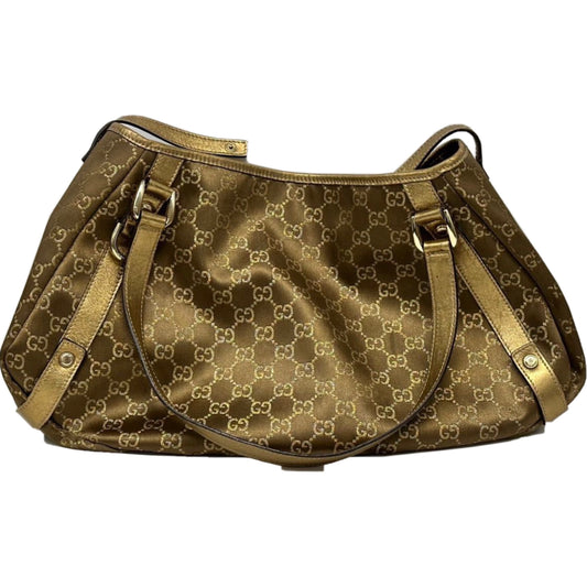 Gucci Monogram Bronze Leather Trim Double Strap Handbag