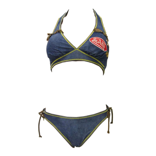 Von Dutch Denim Look Fringe Patch Bikini Set