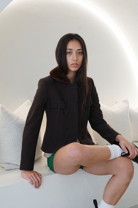 Prada Brown Fitted Blazer W Fur Collar