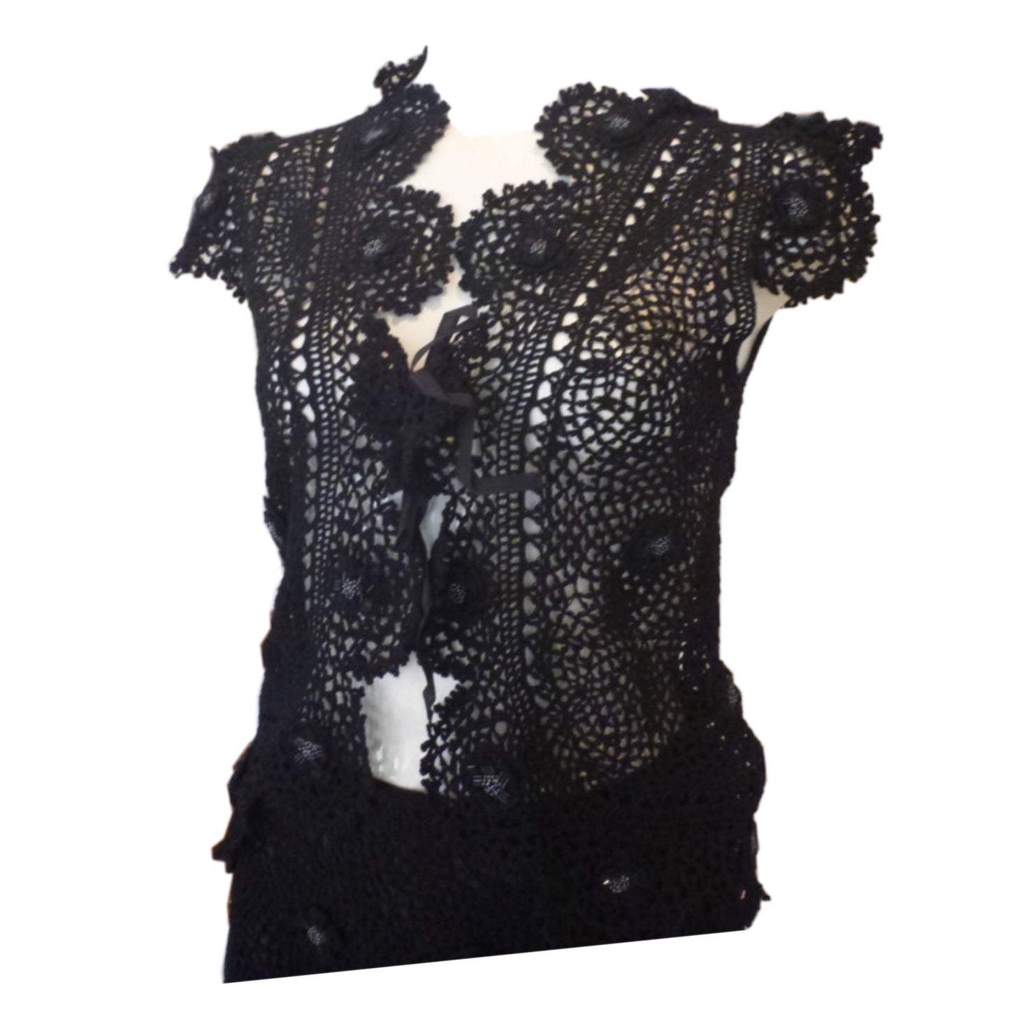 Moschino Cheap And Chic Crochet Beaded Floral Cardigan Skirt Two Piece Set