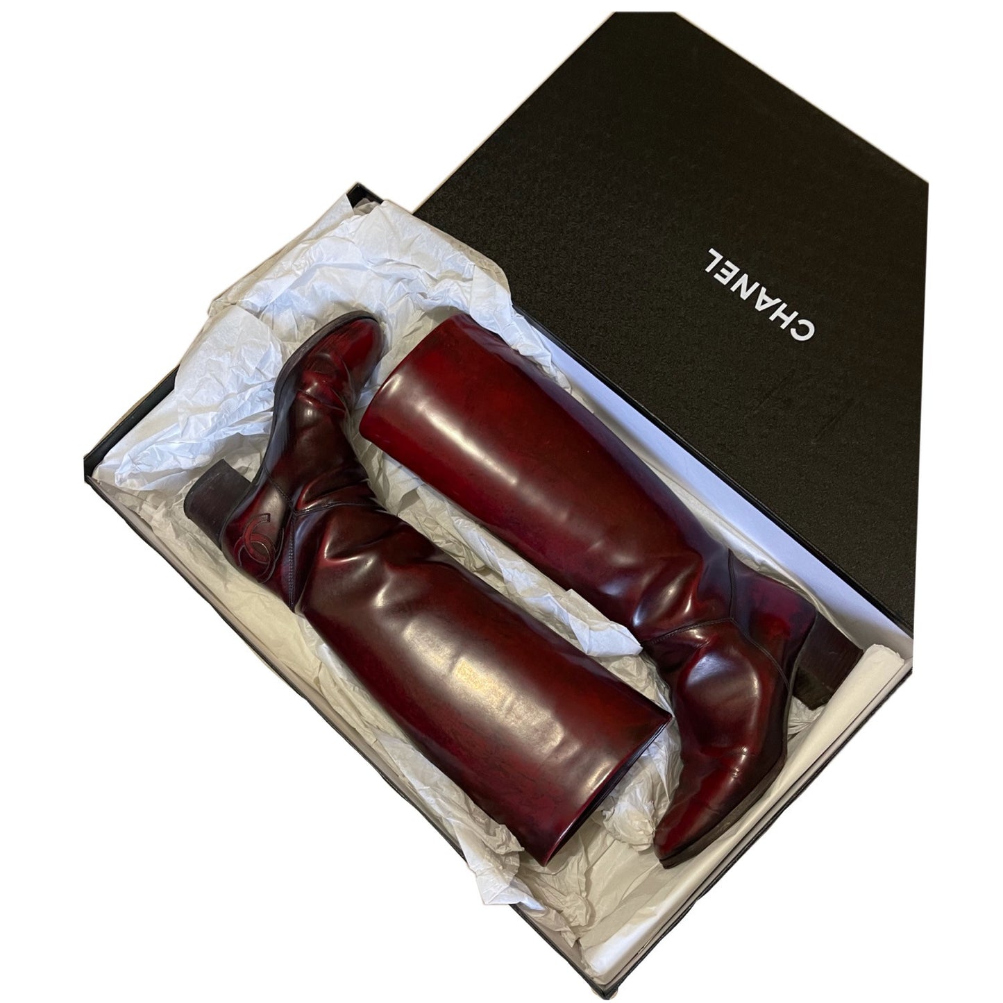 Chanel Oxblood Knee High CC Logo Leather boots