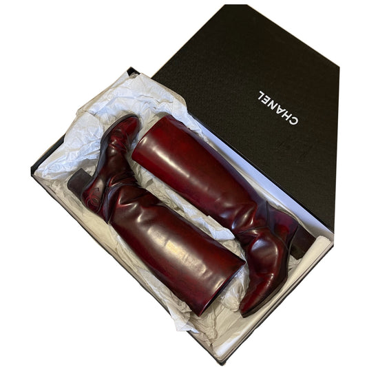 Chanel Oxblood Knee High CC Logo Leather boots