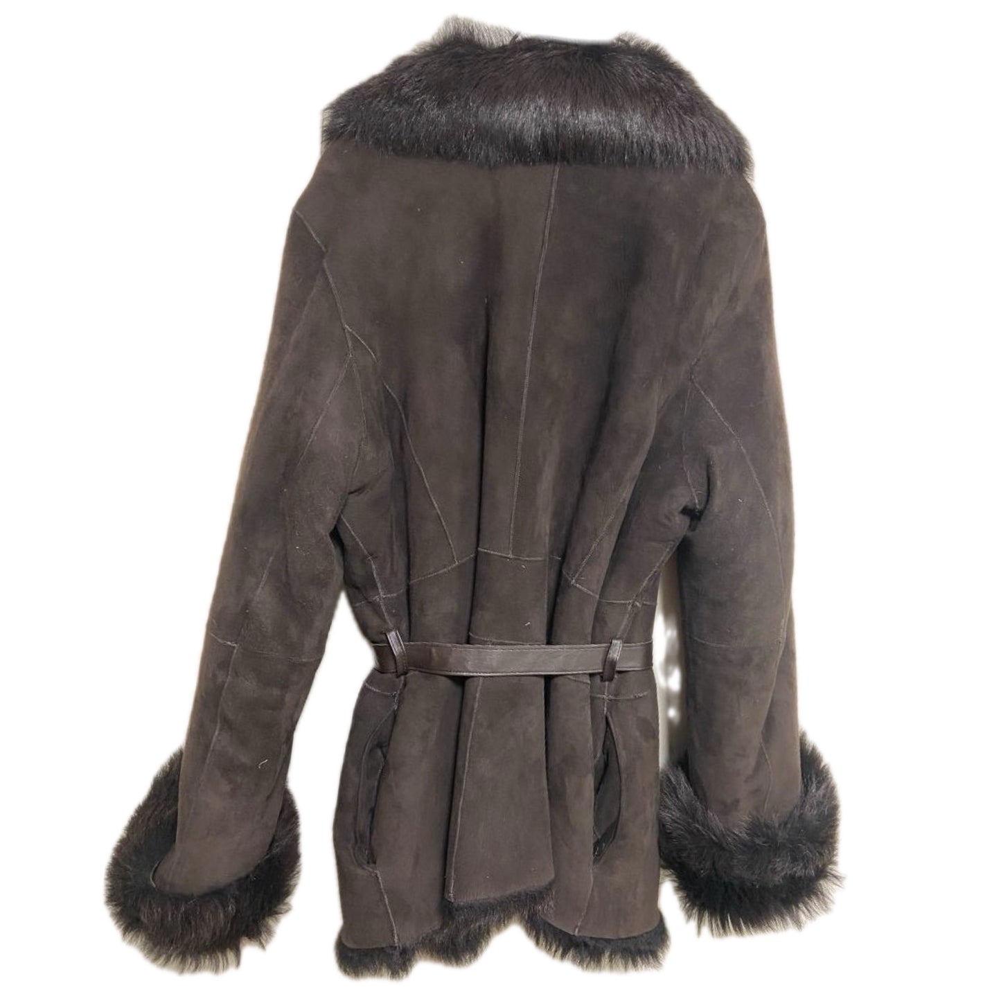 DKNY Fur Lapel Collar Suede Leather Wrap Belt Jacket