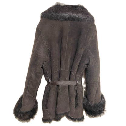 DKNY Fur Lapel Collar Suede Leather Wrap Belt Jacket
