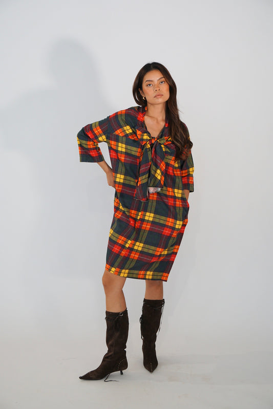 Tricot Comme des garçons plaid checkered LS dress w bow tie