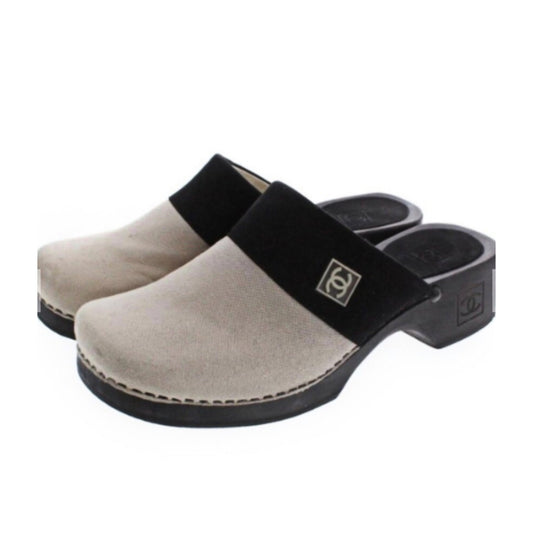 Chanel Beige Black Wooden Suede Clogs Mules
