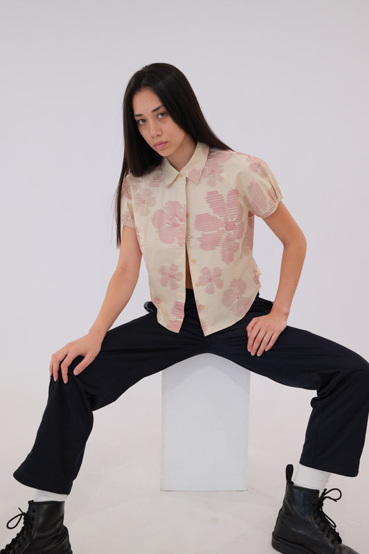 Givenchy Puff SS Pixelated Floral Print Button Down Blouse