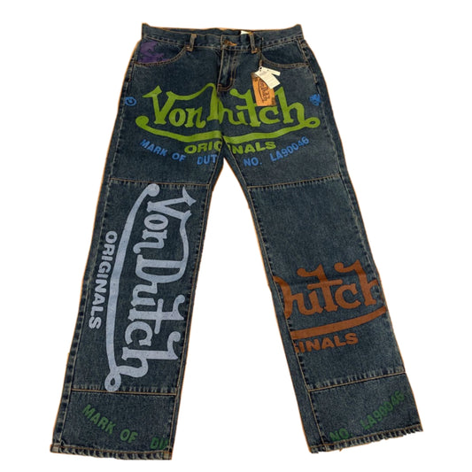 Von Dutch Graffiti Logo Wide Leg Low Rise Jeans