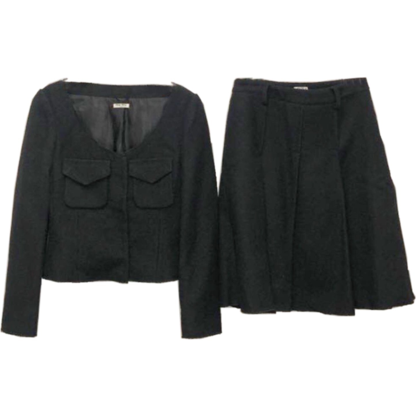 Miu Miu Wool Scoop Neck Pocket Pleat Two Piece Blazer Skirt Set