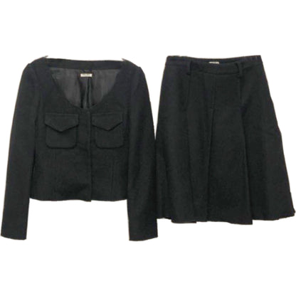 Miu Miu Wool Scoop Neck Pocket Pleat Two Piece Blazer Skirt Set