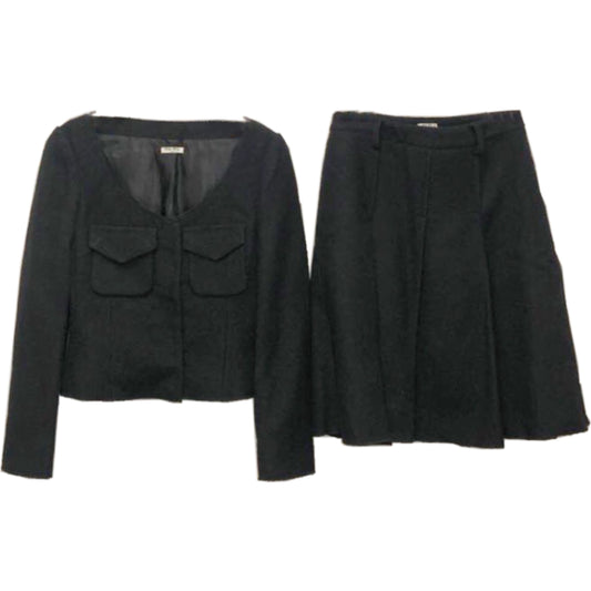 Miu Miu Wool Scoop Neck Pocket Pleat Two Piece Blazer Skirt Set
