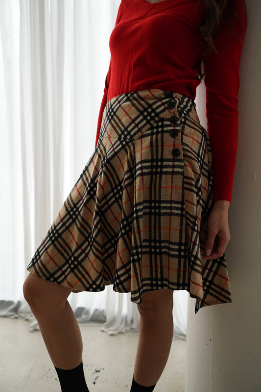 Burberry Blue Label Nova Check Assymetrical Side Button Skirt
