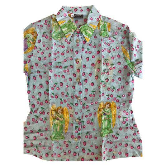 Versace Glitter Cherry Angel SS Button Down Blouse