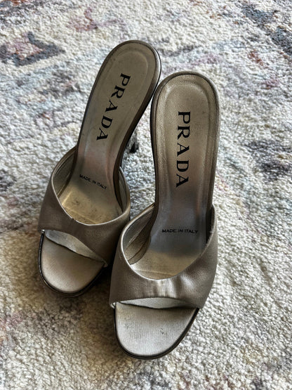 Prada Silver Wedge Sandal Heels