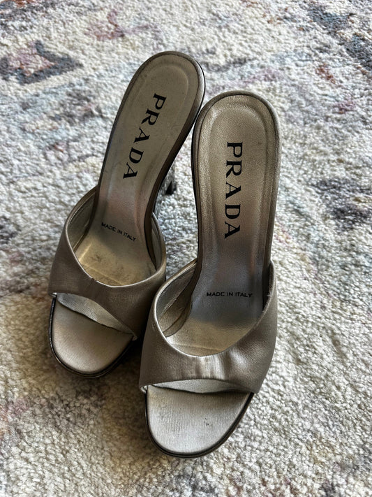 Prada Silver Wedge Sandal Heels