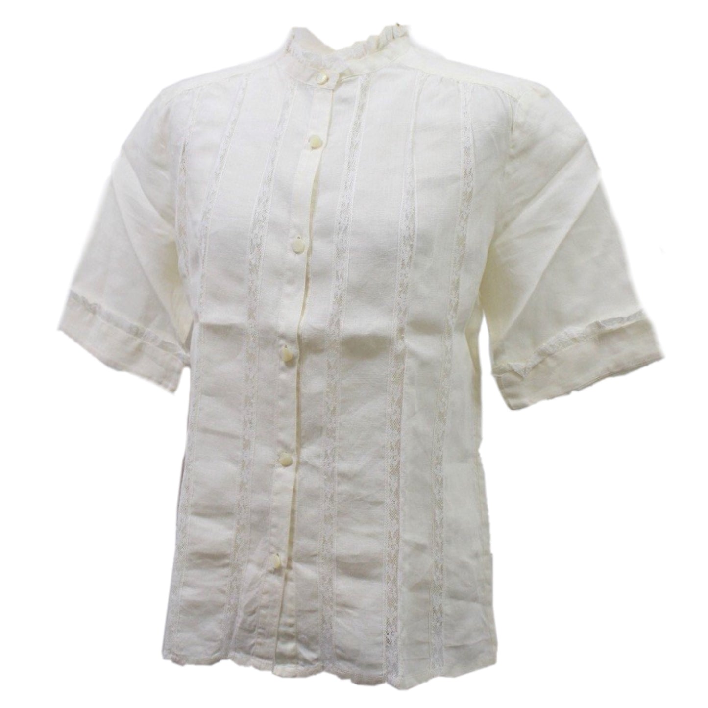 Celine Linen Lace Panel Frill Neck SS Button Down Blouse