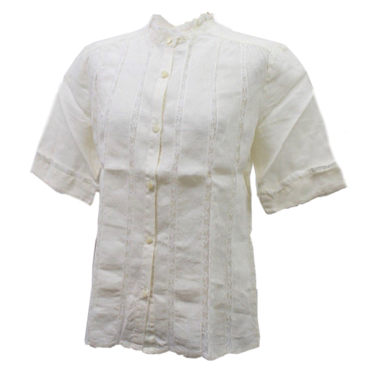 Celine Linen Lace Panel Frill Neck SS Button Down Blouse