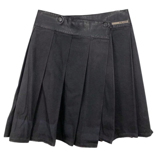 Prada Leather Waist Cotton Pleated Wrap Skirt