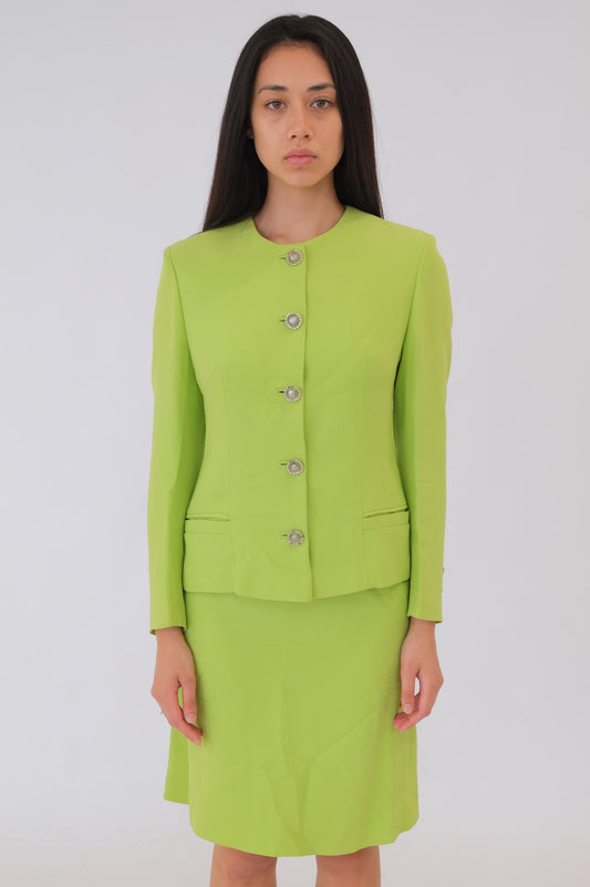 Versace Lime Green Medusa Head Button Skirt Blazer Set