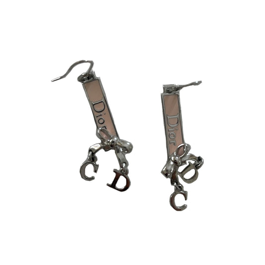 Christian Dior Pink Badge Bow Logo Drop Earrings