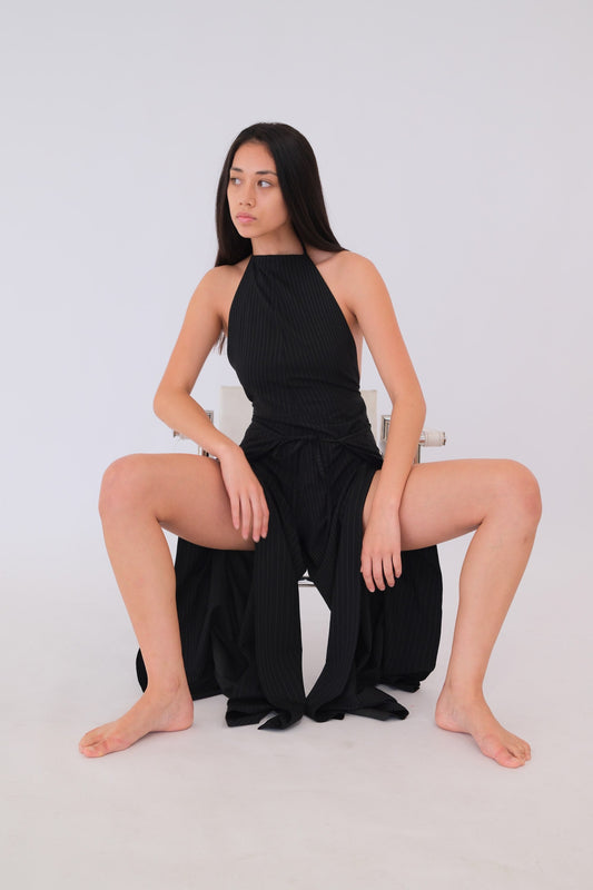 Jean Paul Gaultier Pinstripe Halterneck Leather Belt Wrap Jumpsuit W Split Leg