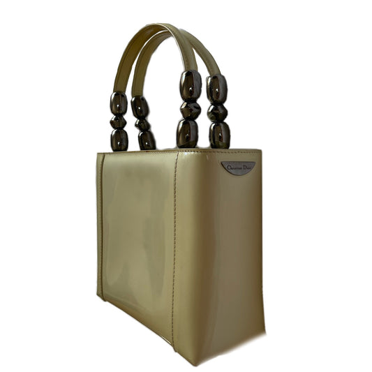 Christian Dior Champagne Vinyl Leather Metal Beaded Tote Bag