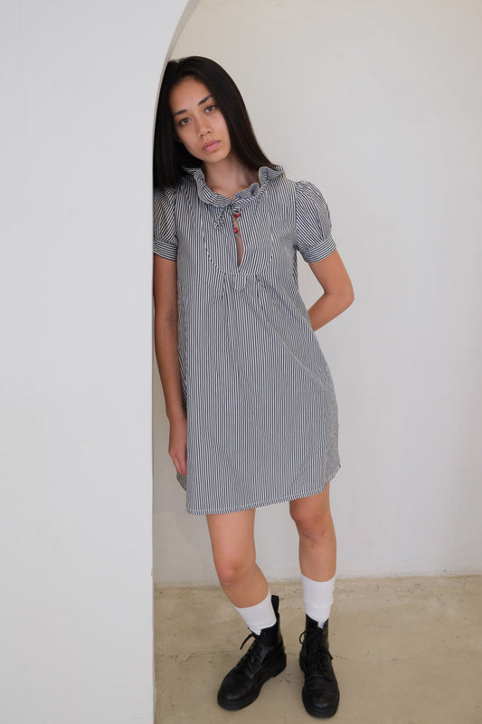 Moschino Cheap And Chic Stripe Ruffle Collar Puff SS Dress