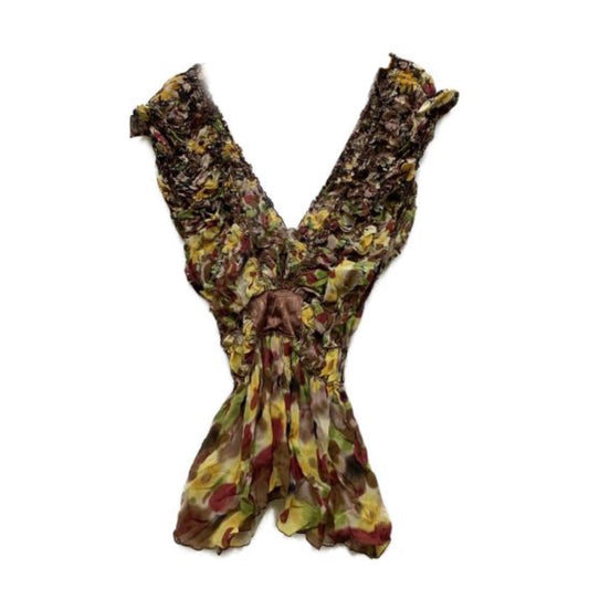 Jean Paul Gaultier Floral Paint Ruched V Neck Logo BabydollTop