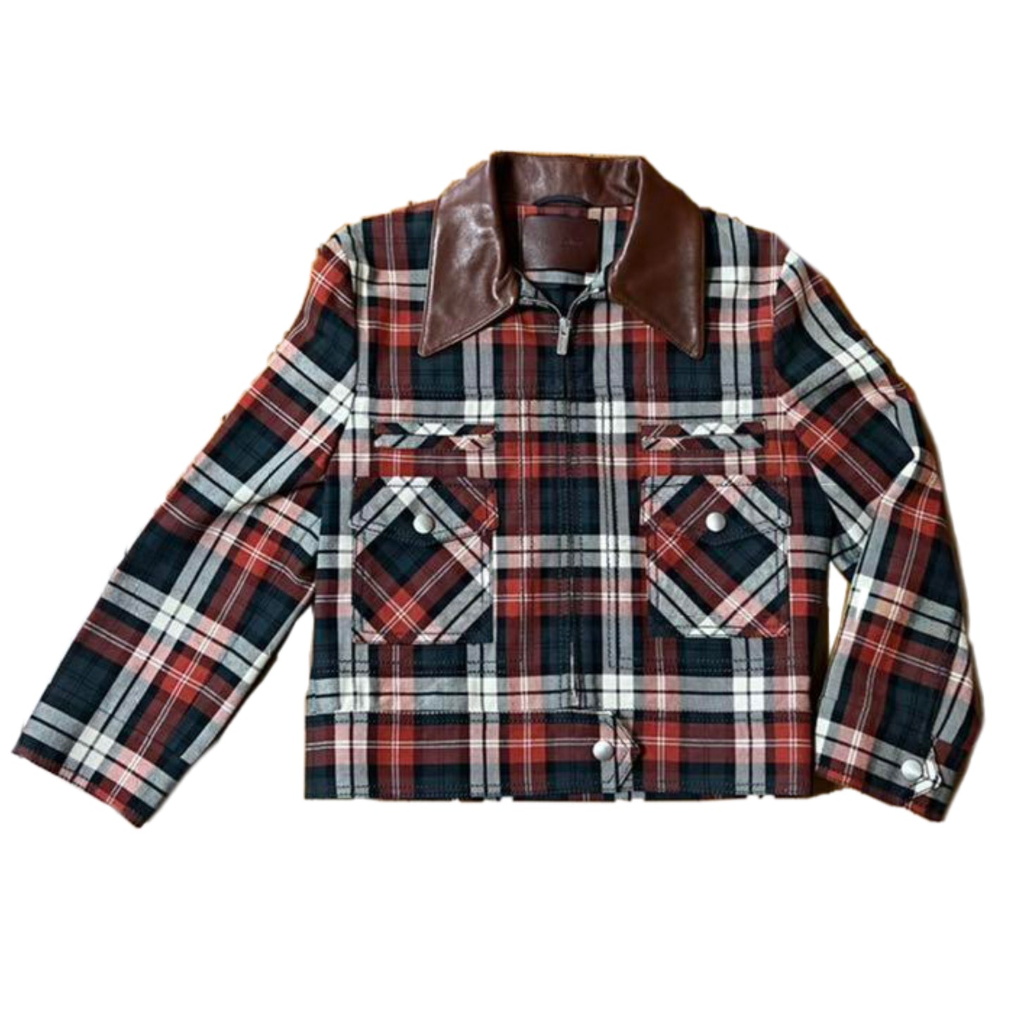 Miu Miu Plaid Checkered Zip Leather Collar Trucker Jacket