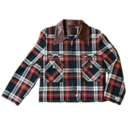 Miu Miu Plaid Checkered Zip Leather Collar Trucker Jacket