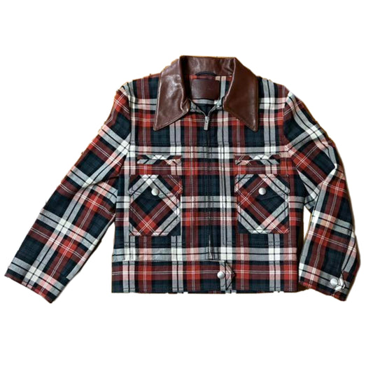 Miu Miu Plaid Checkered Zip Leather Collar Trucker Jacket