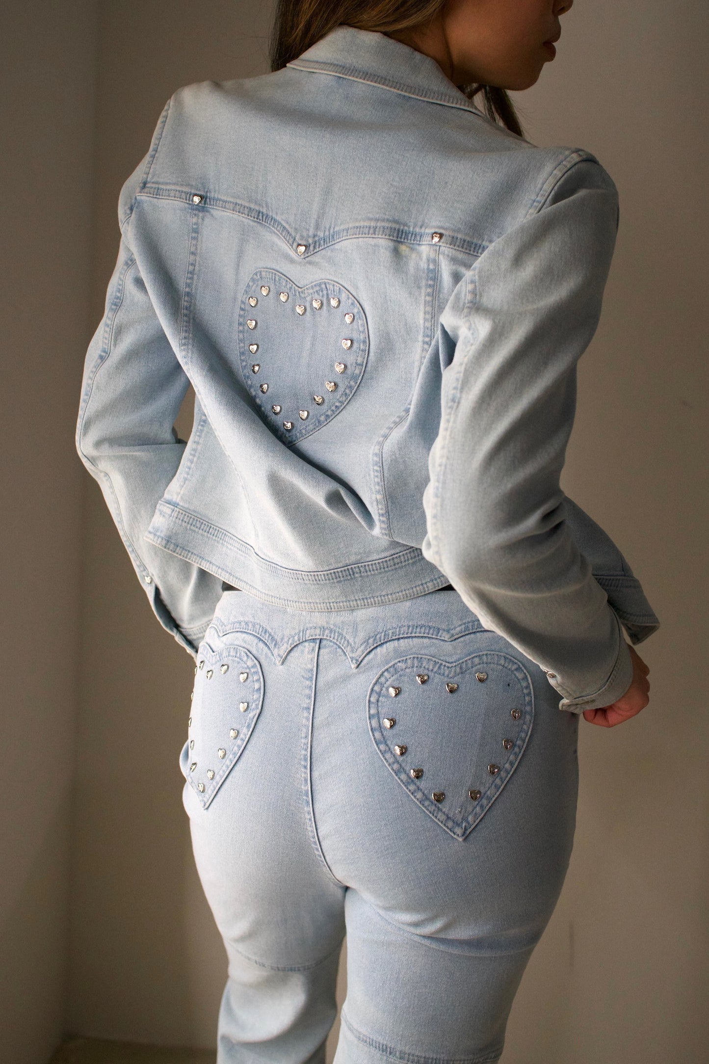 Escada Denim Love Heart Studded Two Piece Jacket Jean Set