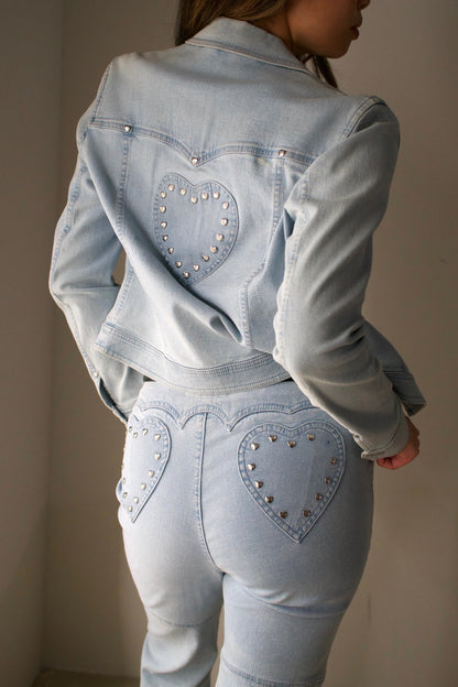 Escada Denim Love Heart Studded Two Piece Jacket Jean Set
