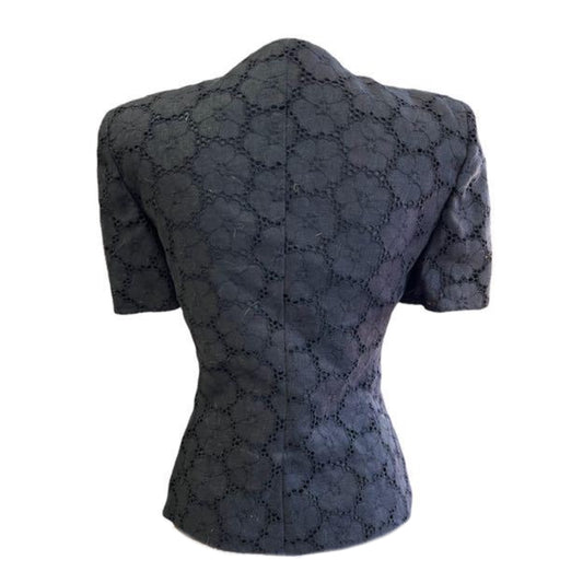 Valentino Miss V Broderie Crochet Lace SS Shoulder Pad Top Blazer