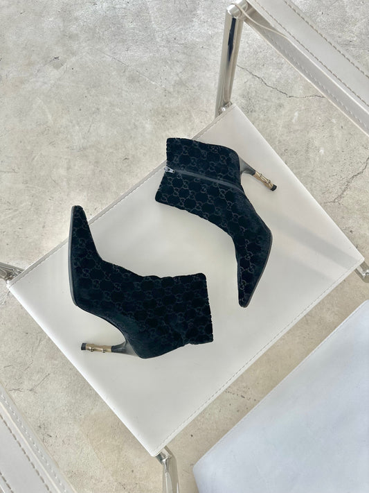Gucci Velvet Monogram Ankle Boots W Metal Bamboo Heel Detail