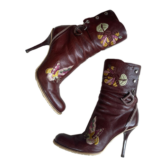 Christian Dior Leather Floral Butterfly CD Logo Ankle Boots