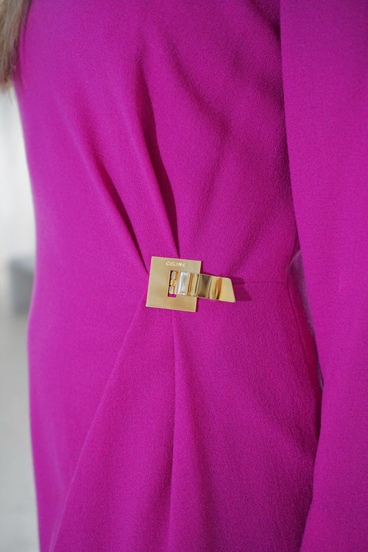 Celine 3/4 Sleeve Fuschia Pink LS Shift Dress w Gold Metal Buckle