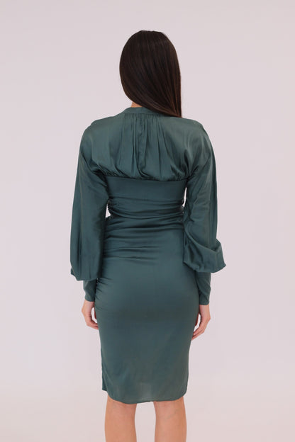 Gucci Teal Silk Overlay Balloon LS Midi Dress