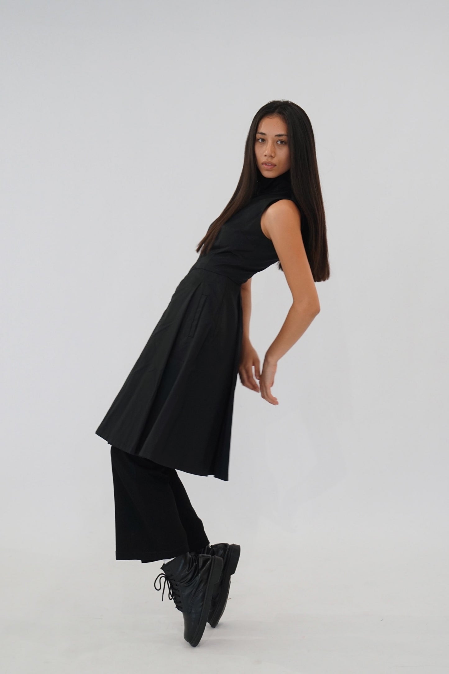 Prada Nylon Zip Down Sless Mock Neck Pleated Dress