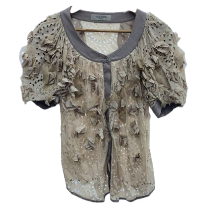 Valentino Floral Applique Puff SS Button Down Blouse
