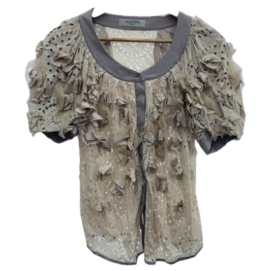 Valentino Floral Applique Puff SS Button Down Blouse