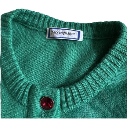 Yves Saint Laurent Green Button Down Gemstone Logo Cardigan
