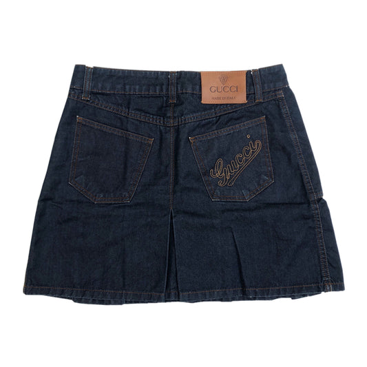 Gucci Denim Mini Pleat Skirt W/ Embroidered Logo