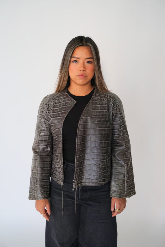 Giorgio Armani Calf Leather Reptile Assymetrical Zip Flare Sleeve Jacket