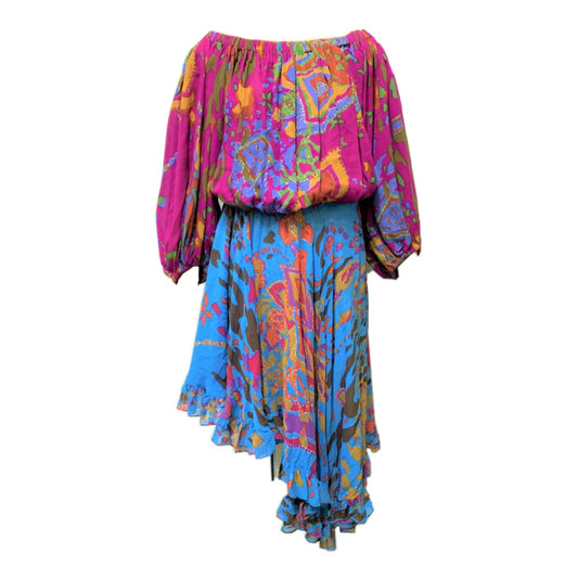 Yves Saint Laurent Off Shoulder Abstract Print Assymetrical Midi Dress